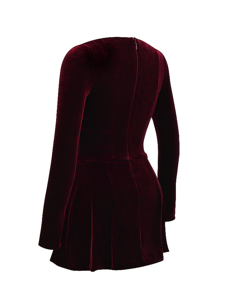 Pin Tuck V Neck Long Sleeve A-line Mini Dress