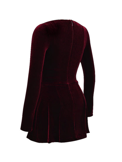 Pin Tuck V Neck Long Sleeve A-line Mini Dress