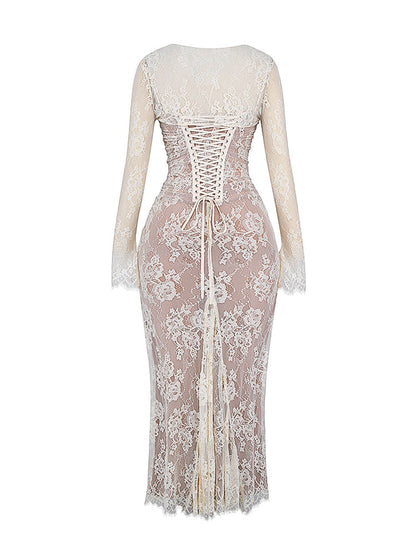 Wedding Vintage Cream Lace Maxi Dress With Gloves