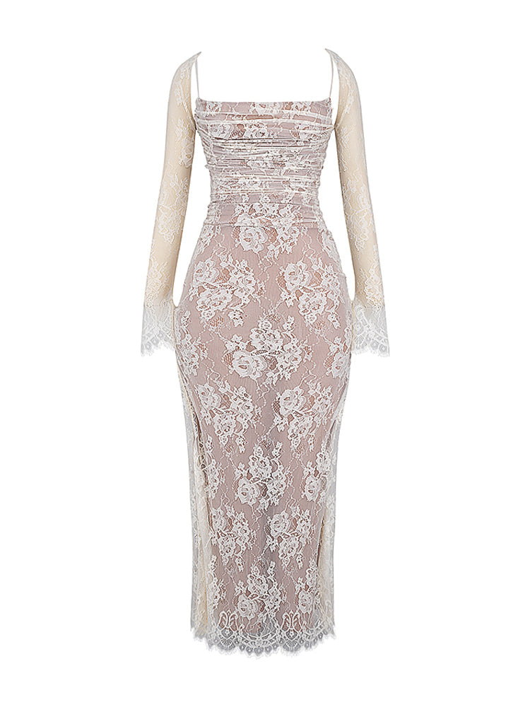 Wedding Vintage Cream Lace Maxi Dress With Gloves