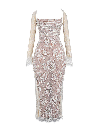 Wedding Vintage Cream Lace Maxi Dress With Gloves