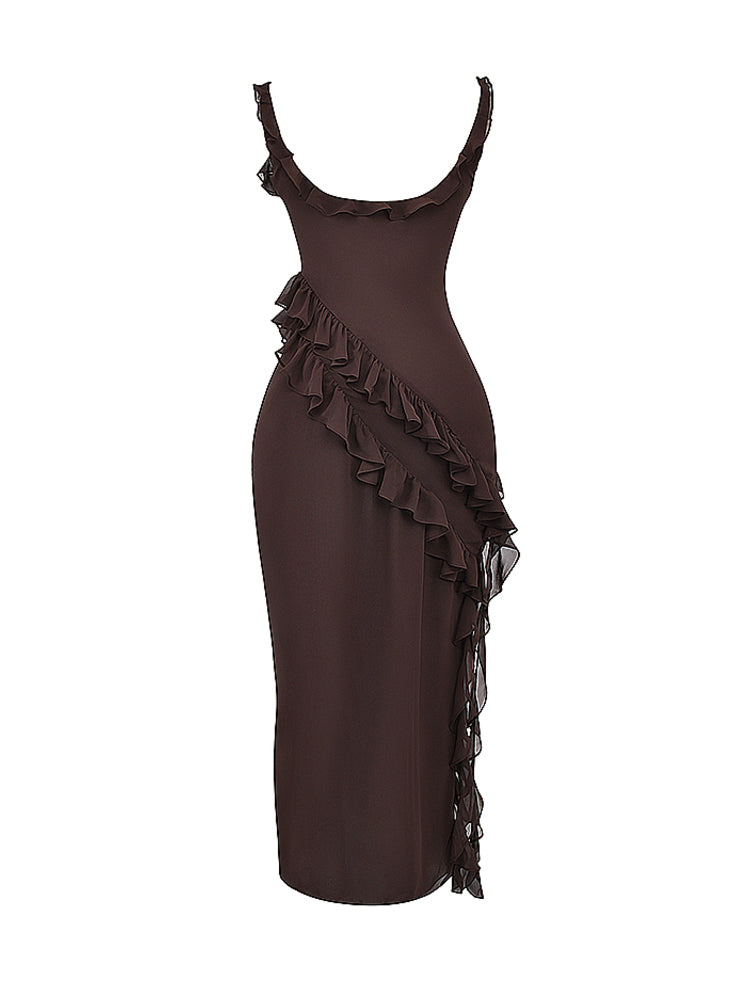 Low Back Ruffle Frill Trim High Split Maxi Dress
