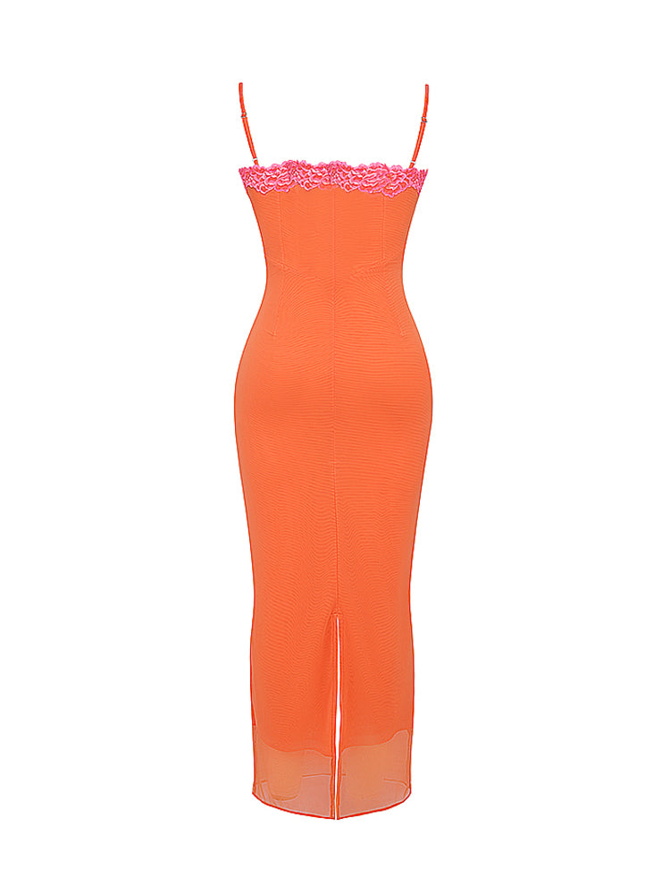 Flame Orange Lace Trim Slit Mesh Maxi Dress