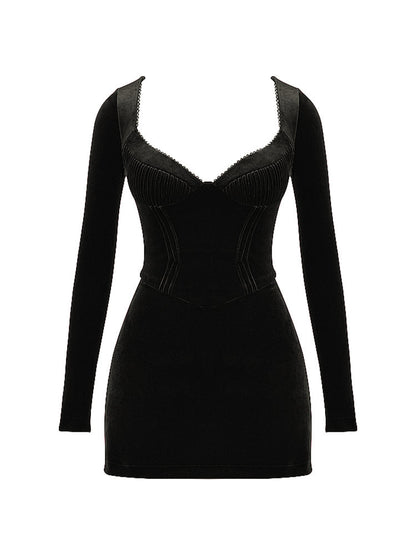Pin Tuck V Neck Long Sleeve A-line Mini Dress