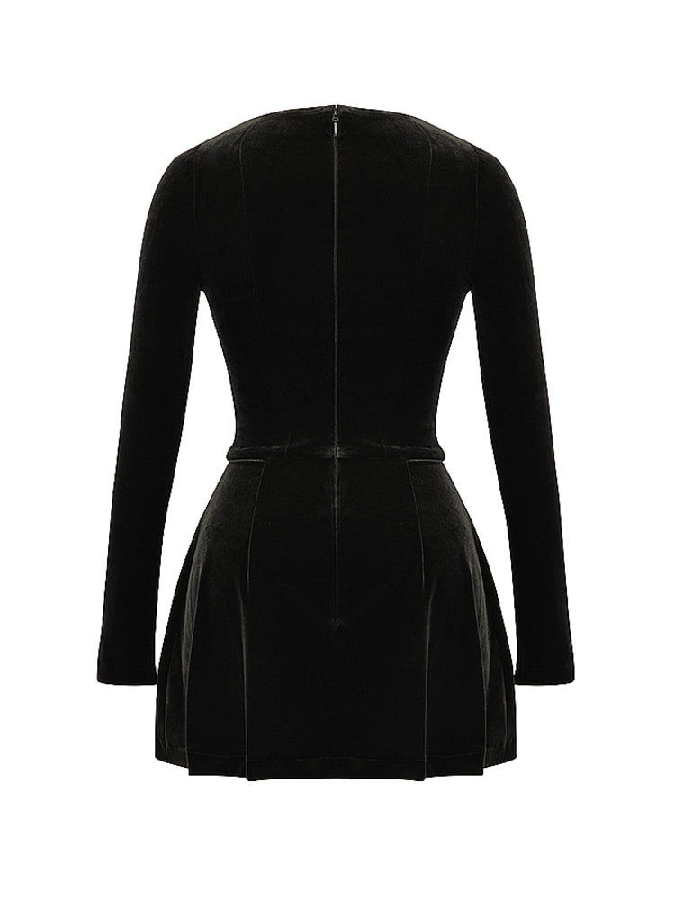 Pin Tuck V Neck Long Sleeve A-line Mini Dress