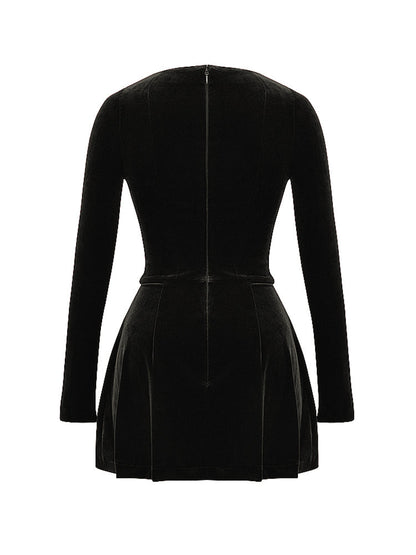 Pin Tuck V Neck Long Sleeve A-line Mini Dress