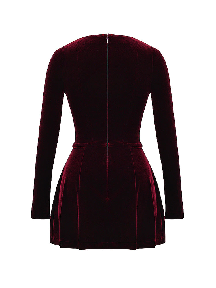 Pin Tuck V Neck Long Sleeve A-line Mini Dress