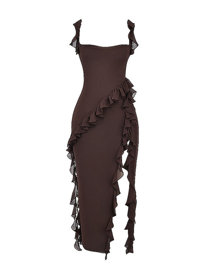 Low Back Ruffle Frill Trim High Split Maxi Dress