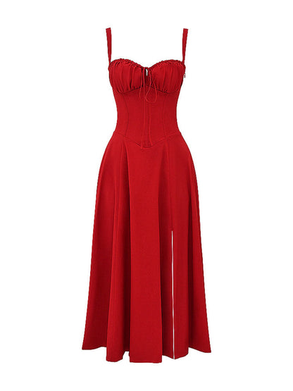 High Waist Back Lace Up Side Slit Midi Dress
