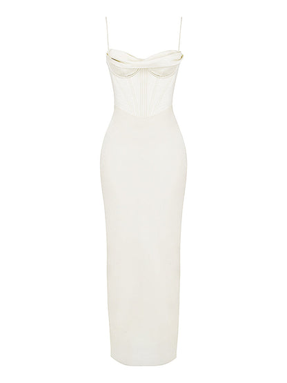 Satin Sleeveless Corset Cowl Neck Maxi Dress