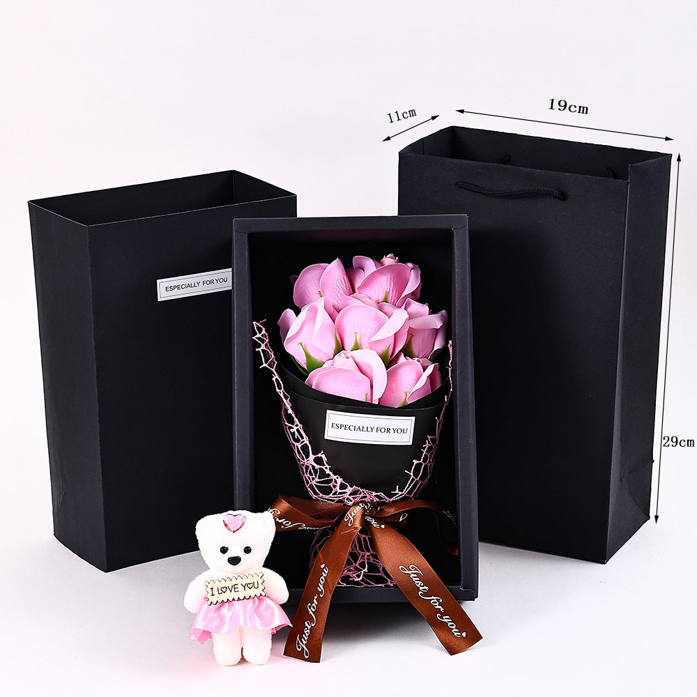 7-Head Rose Bouquet with Little Bear Gift Box Handmade Artificial Flowers for Valentine's Day and Special Occasions