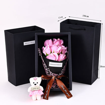 7-Head Rose Bouquet with Little Bear Gift Box Handmade Artificial Flowers for Valentine's Day and Special Occasions