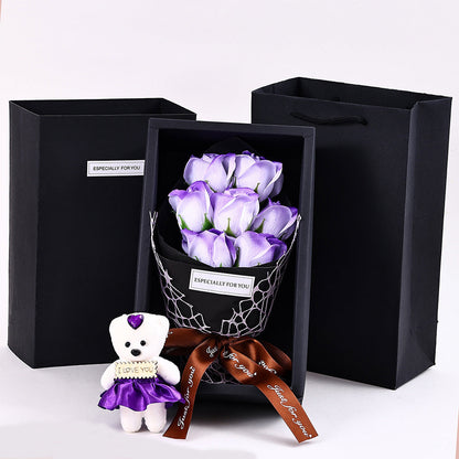 7-Head Rose Bouquet with Little Bear Gift Box Handmade Artificial Flowers for Valentine's Day and Special Occasions