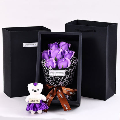 7-Head Rose Bouquet with Little Bear Gift Box Handmade Artificial Flowers for Valentine's Day and Special Occasions