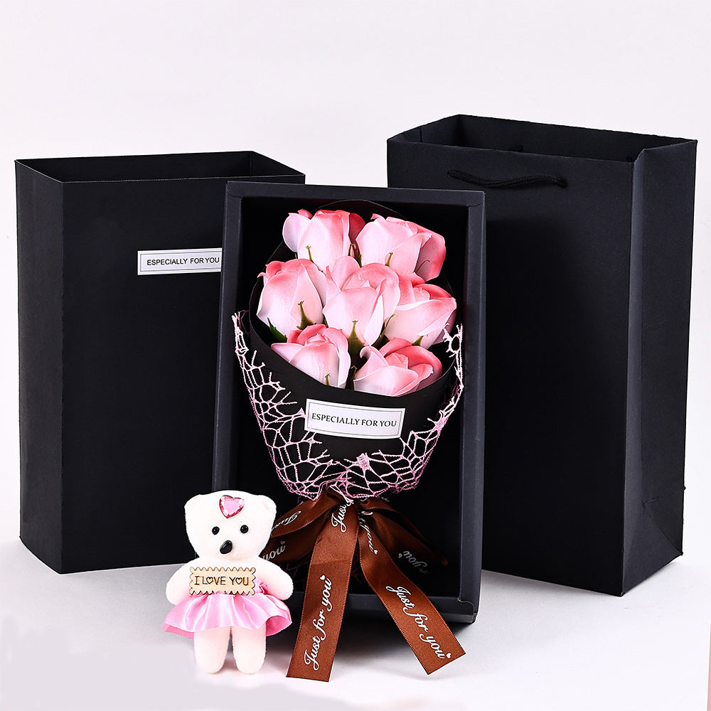 7-Head Rose Bouquet with Little Bear Gift Box Handmade Artificial Flowers for Valentine's Day and Special Occasions