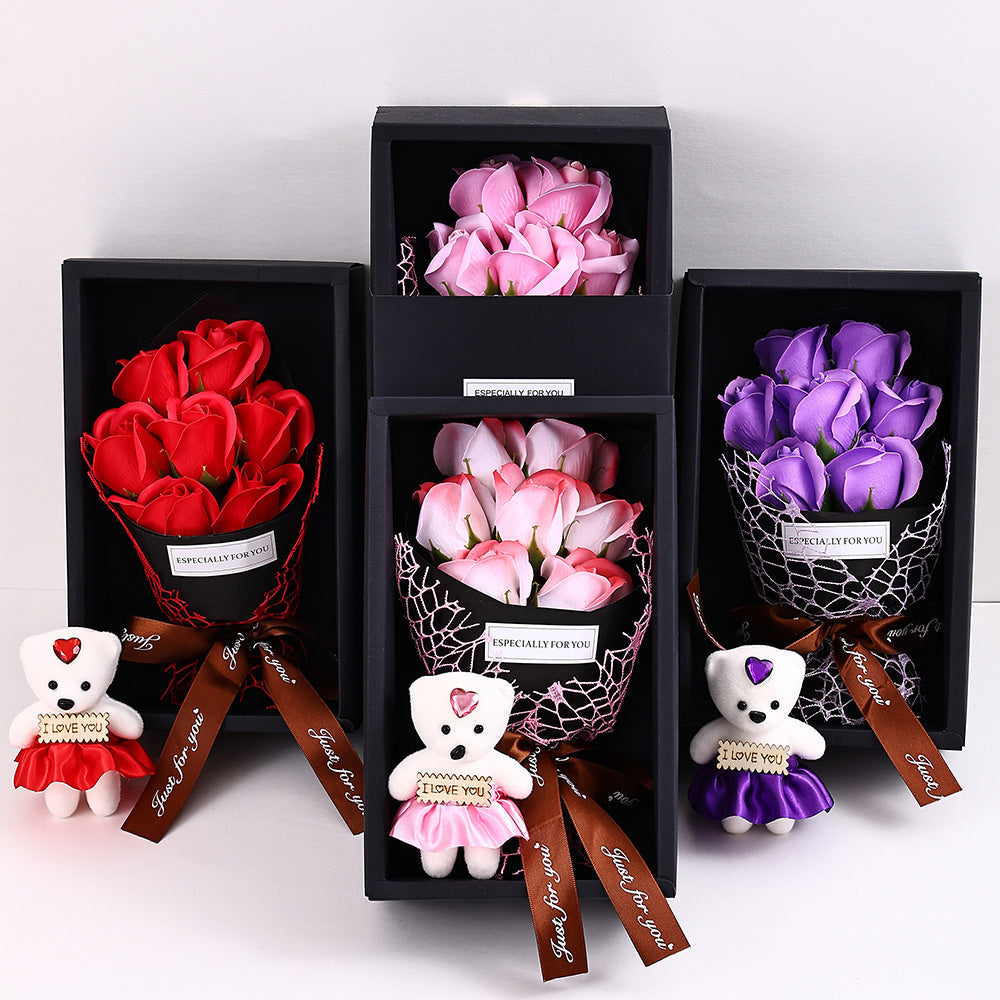 7-Head Rose Bouquet with Little Bear Gift Box Handmade Artificial Flowers for Valentine's Day and Special Occasions