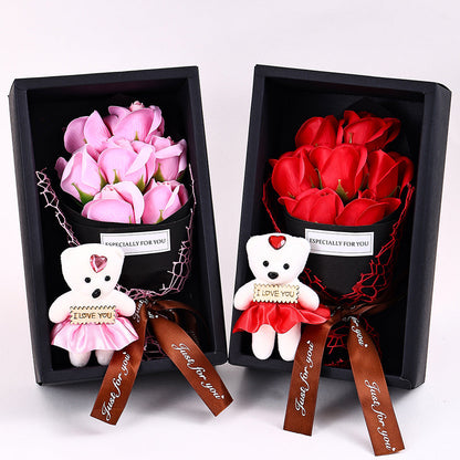 7-Head Rose Bouquet with Little Bear Gift Box Handmade Artificial Flowers for Valentine's Day and Special Occasions