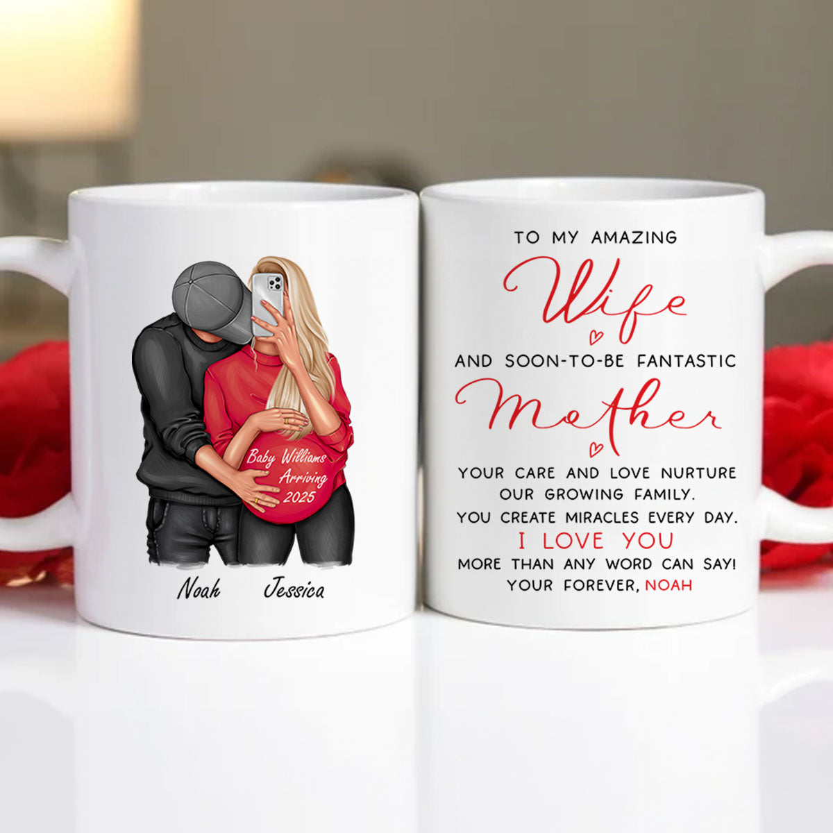 Personalized Pregnant Wife Mug, Hugging Couple, Expecting From Husband Gift, Mom To Be Vday Gift, Romantic Pregnancy Gift