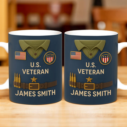 U.S. Veteran, Military Uniform, American Flag And Military Badges - Personalized Custom Coffee Mug - OFC002_MG
