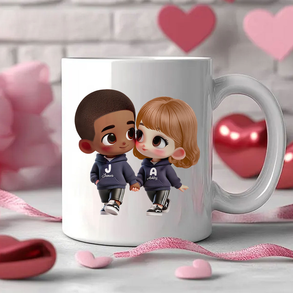 3D Effect Cute Cartoon Couple Holding Hands Personalized Mug, Anniversary & Gift for him, Gift for her