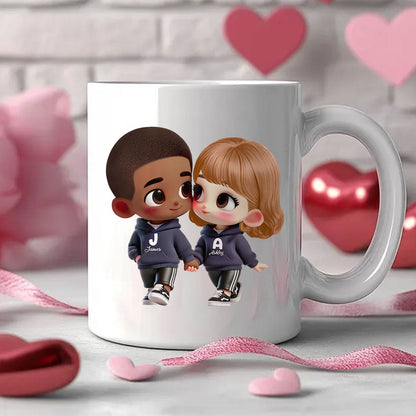 3D Effect Cute Cartoon Couple Holding Hands Personalized Mug, Anniversary & Gift for him, Gift for her