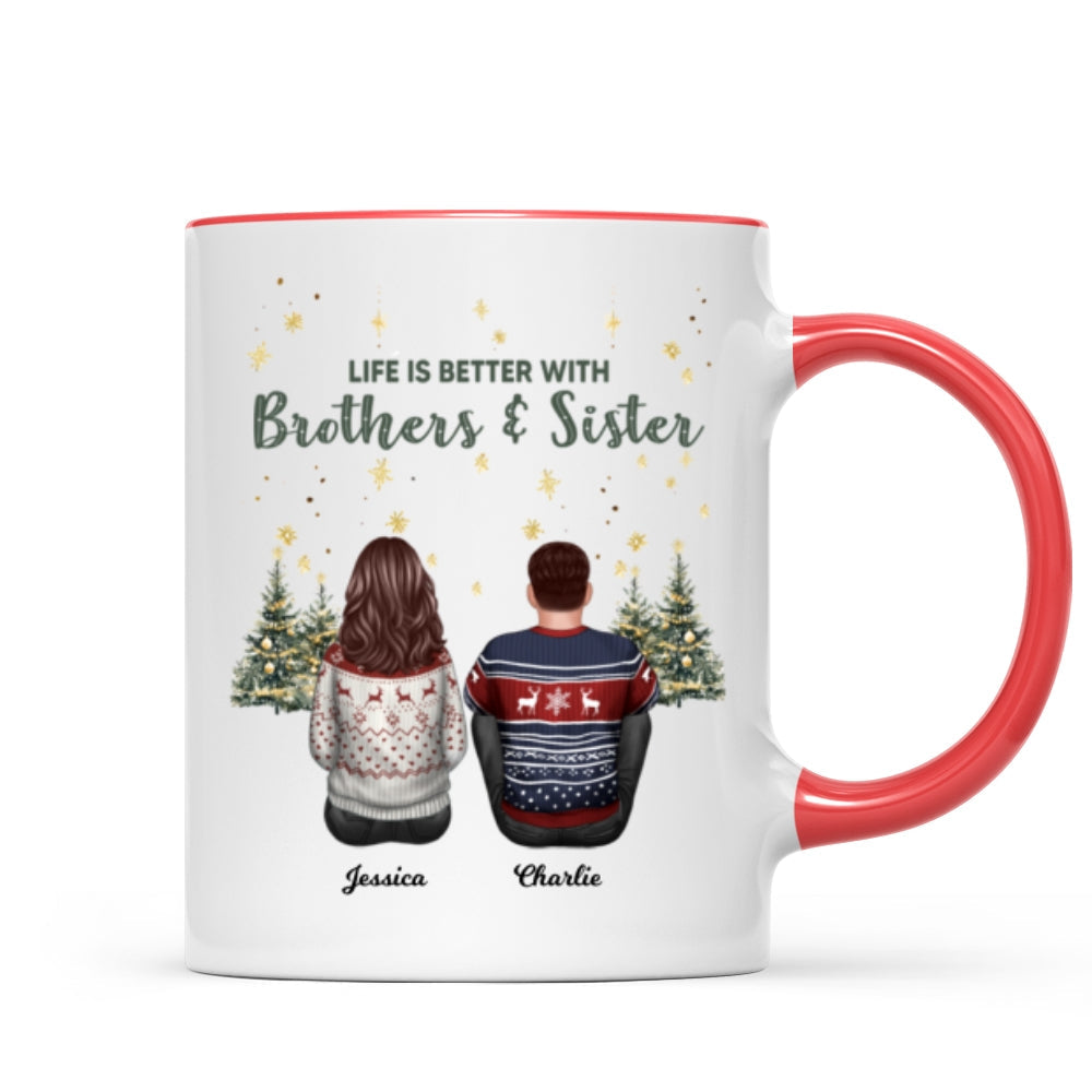 Brother Sisters Christmas Tree Personalized Mug, Christmas Gift for Siblings