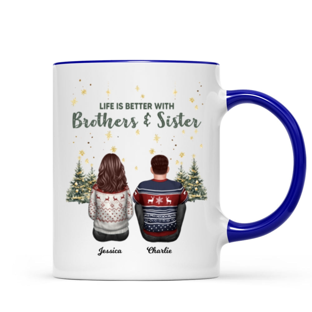 Brother Sisters Christmas Tree Personalized Mug, Christmas Gift for Siblings