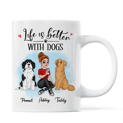 Life Better With Dog Pretty Cartoon Woman & Sitting Dog Personalized Mug