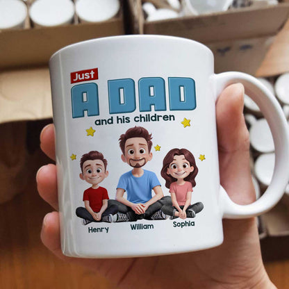 Just A Dad And His Kids Cartoon Funny Style Personalized Mug, Unique 2025 Father's Day Gift For Dad
