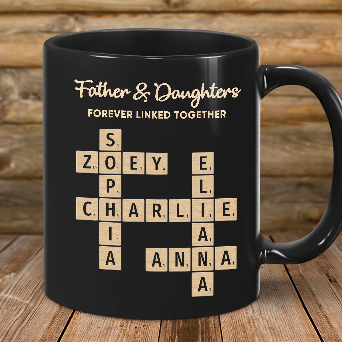 Father & Daughters Sons Forever Linked Together Crossword Puzzle Art Personalized Mug, Heartfelt Father's Day Gift For Dad