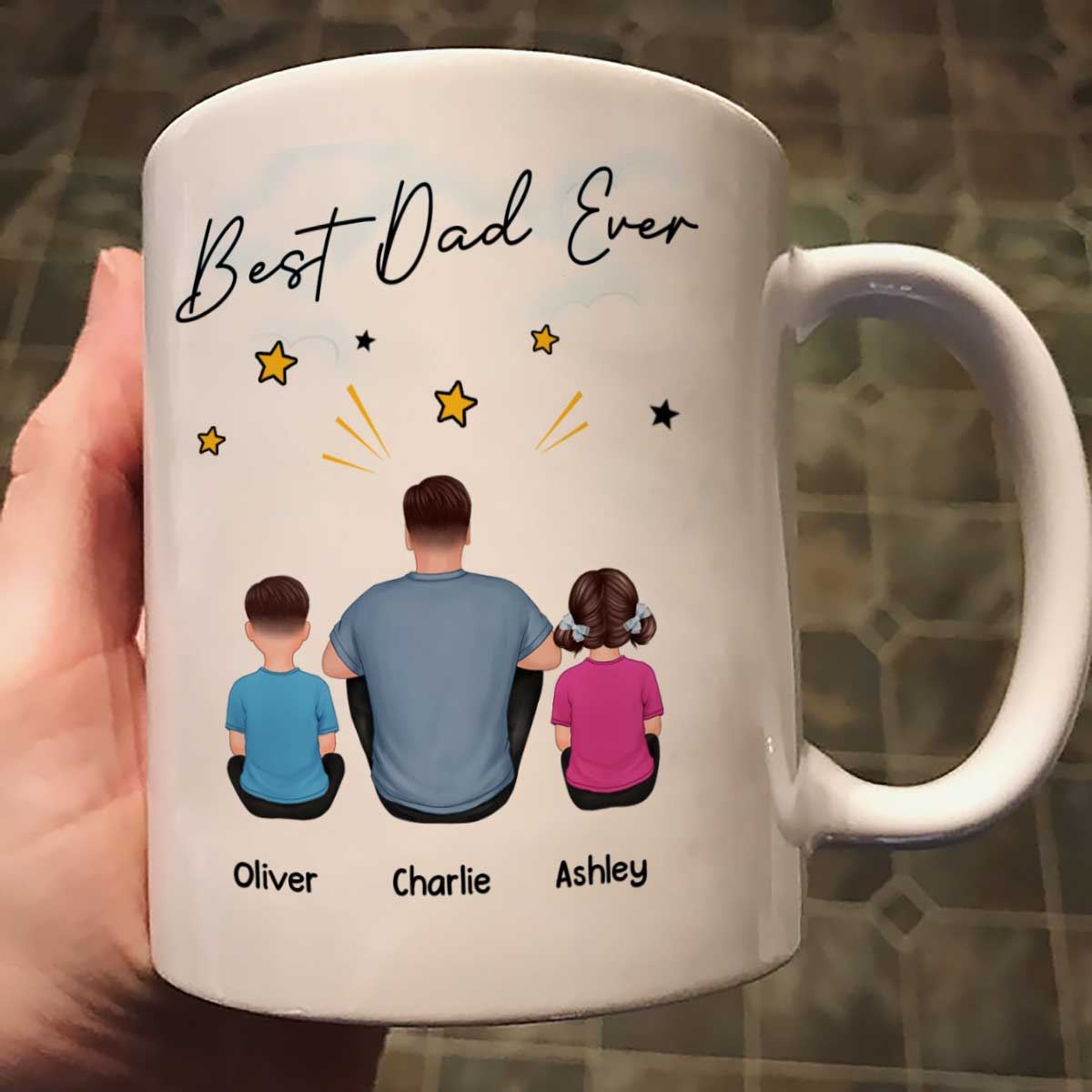 Happy Father's Day To Our Hero Back View Sitting Dad Kids Dog Cat Personalized Mug