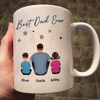 Happy Father's Day To Our Hero Back View Sitting Dad Kids Dog Cat Personalized Mug