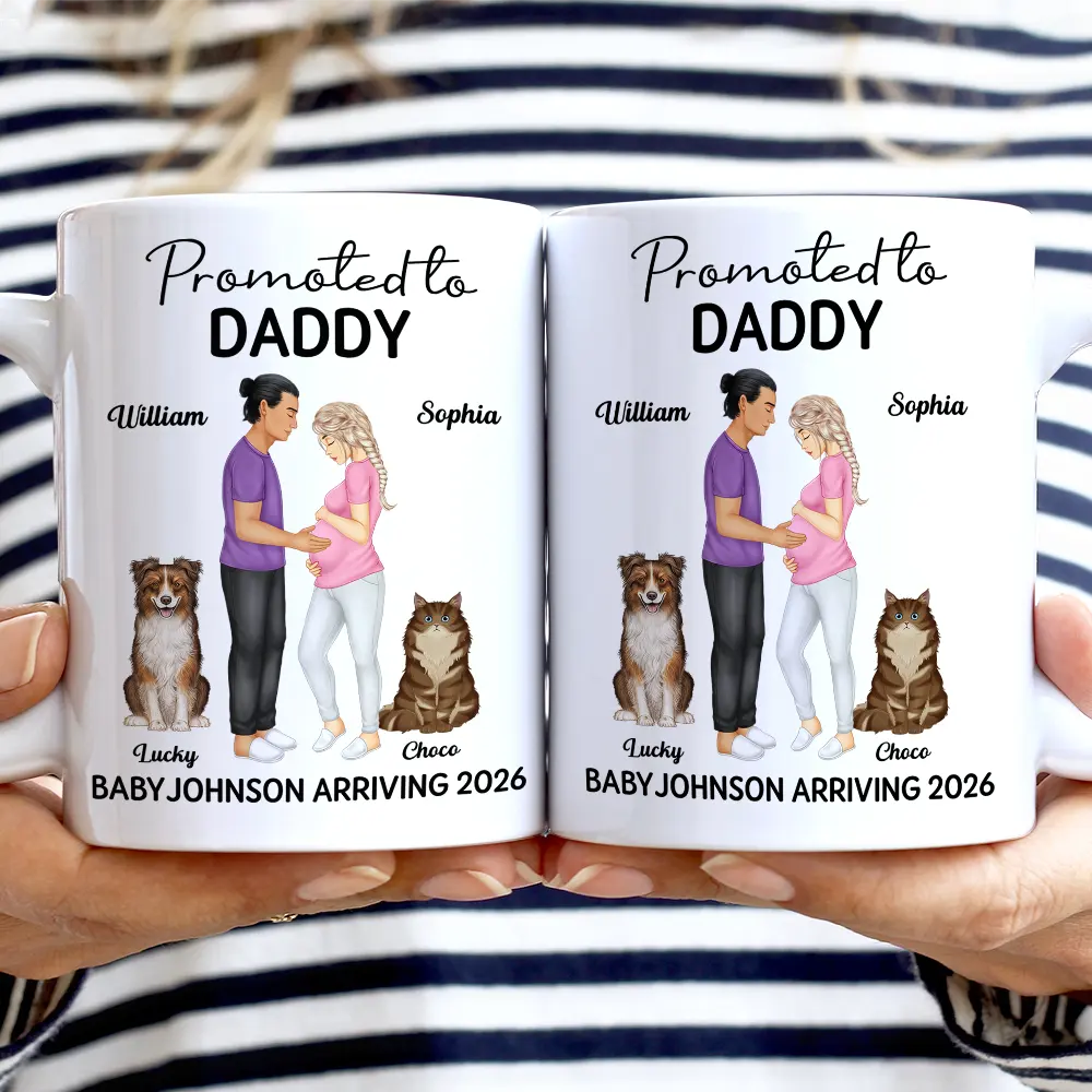 Promoted To Mommy & Daddy Baby Arriving - Personalized White Edge-to-Edge Mug