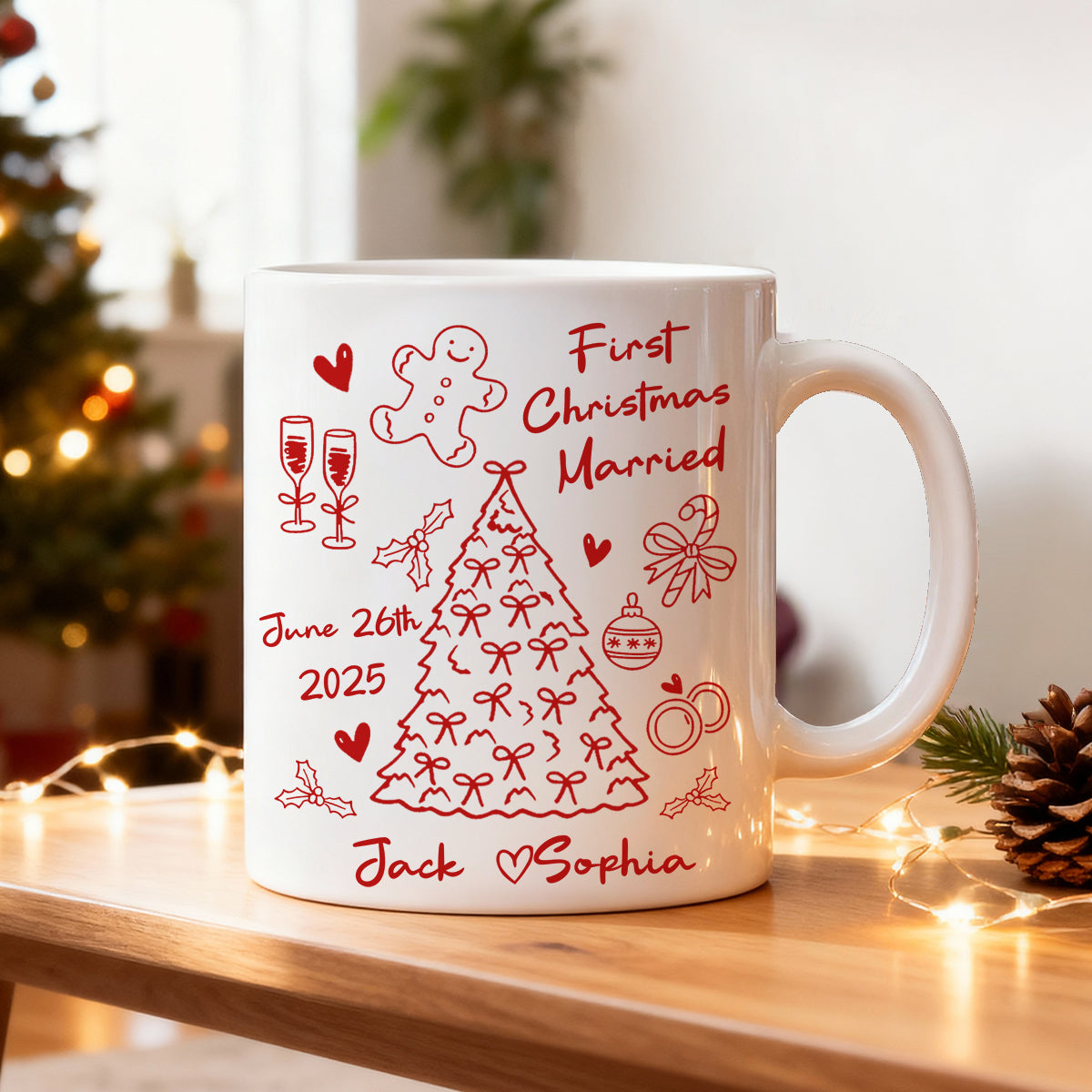 First Christmas Married Doodle Pattern - Personalized Mug - Christmas Gift For Him, For Her, For Couple