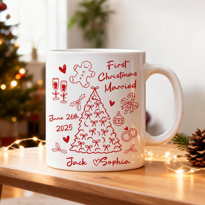 First Christmas Married Doodle Pattern - Personalized Mug - Christmas Gift For Him, For Her, For Couple