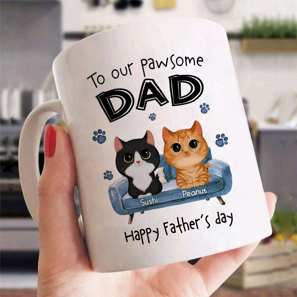 To Pawsome Dad Watercolor Cute Cat Sitting On Sofa Personalized Mug