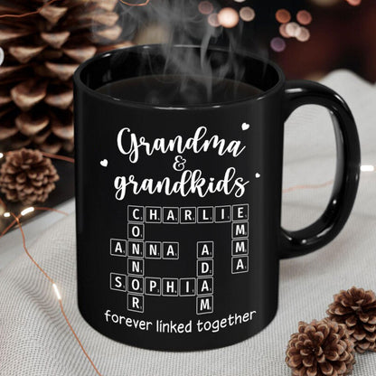 Grandma Grandpa & Grandkids Forever Linked Together Crossword Puzzle Personalized Mug