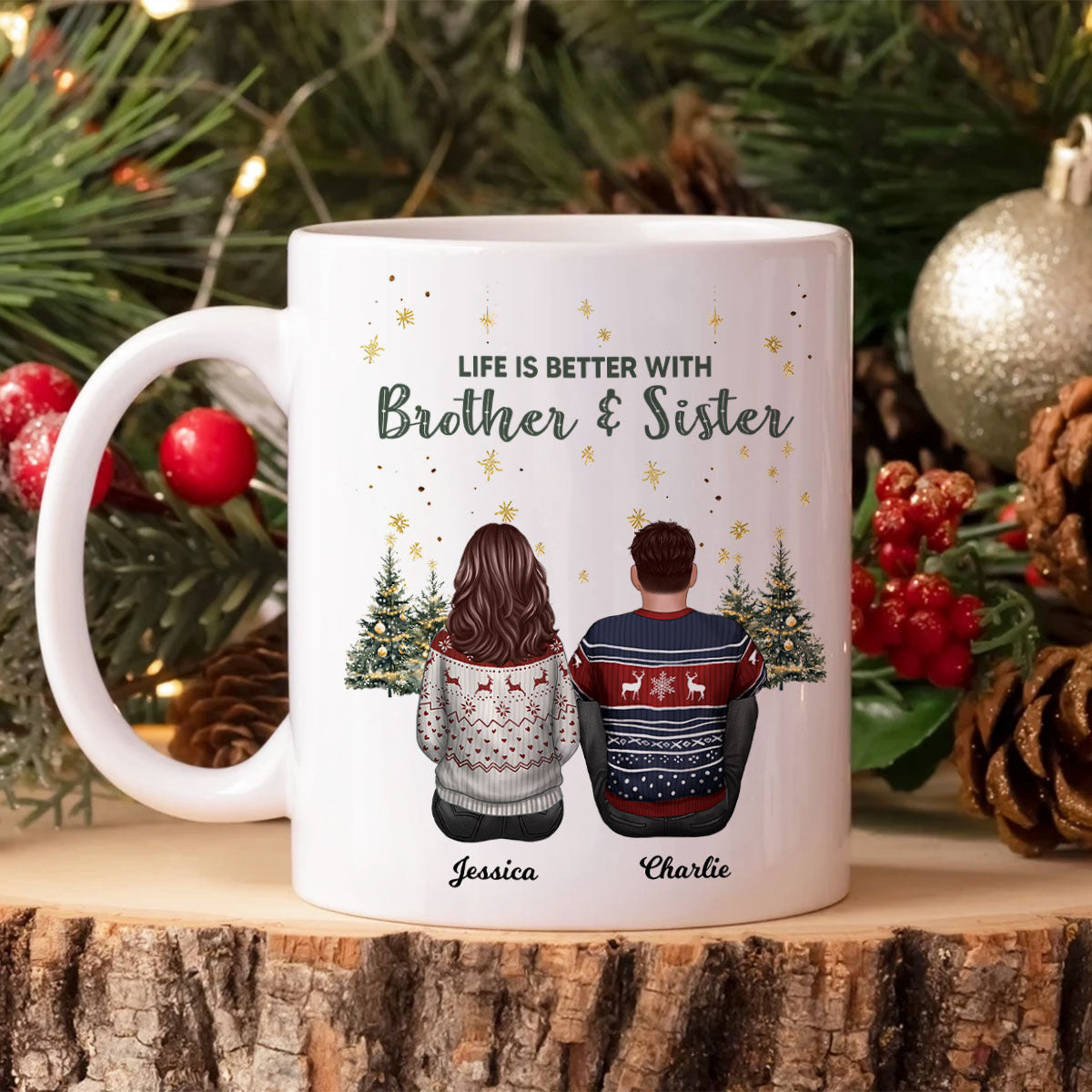 Brother Sisters Christmas Tree Personalized Mug, Christmas Gift for Siblings