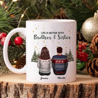 Brother Sisters Christmas Tree Personalized Mug, Christmas Gift for Siblings