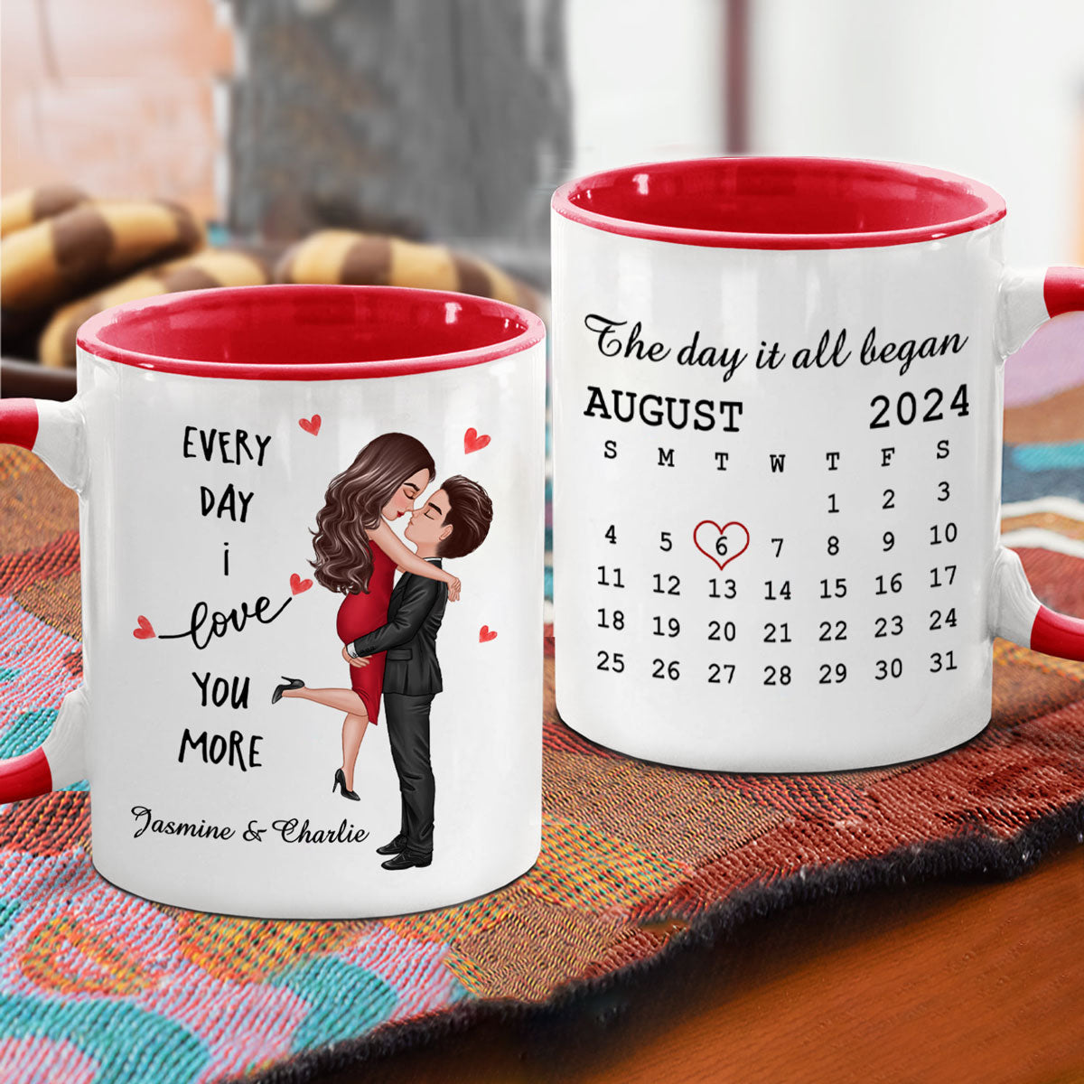 Everyday I Love You More Couple Hugging Kissing Calendar Keepsake Gift Personalized Mug