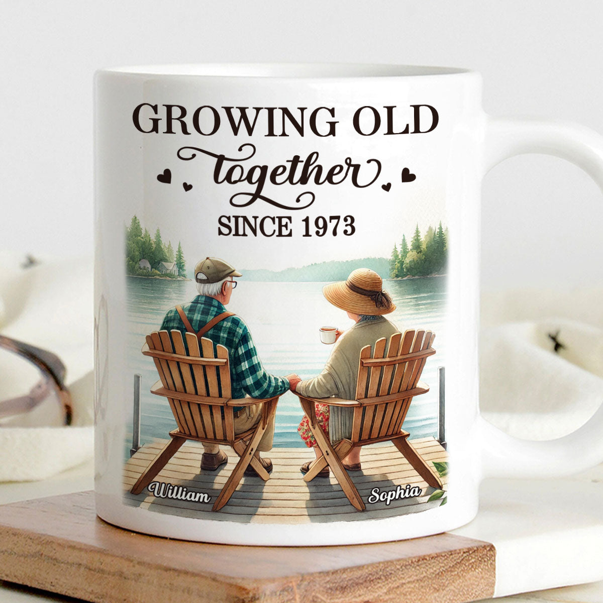 Back View Old Couple Sitting Together On The Lake Dock Personalized Mug, Heartfelt Gift For Him, For Her, Husband, Wife