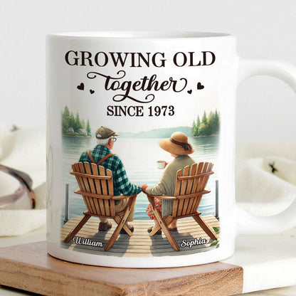 Back View Old Couple Sitting Together On The Lake Dock Personalized Mug, Heartfelt Gift For Him, For Her, Husband, Wife