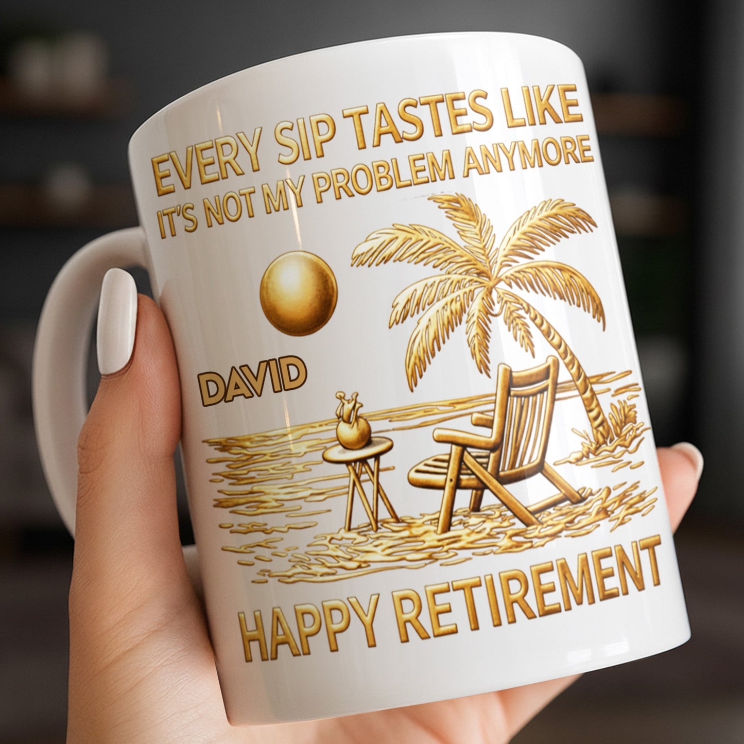 Every Sip Tastes Like Happy Retirement Palm Tree and Beach Design - Personalized Custom Coffee Mug - RETIRE014_MG