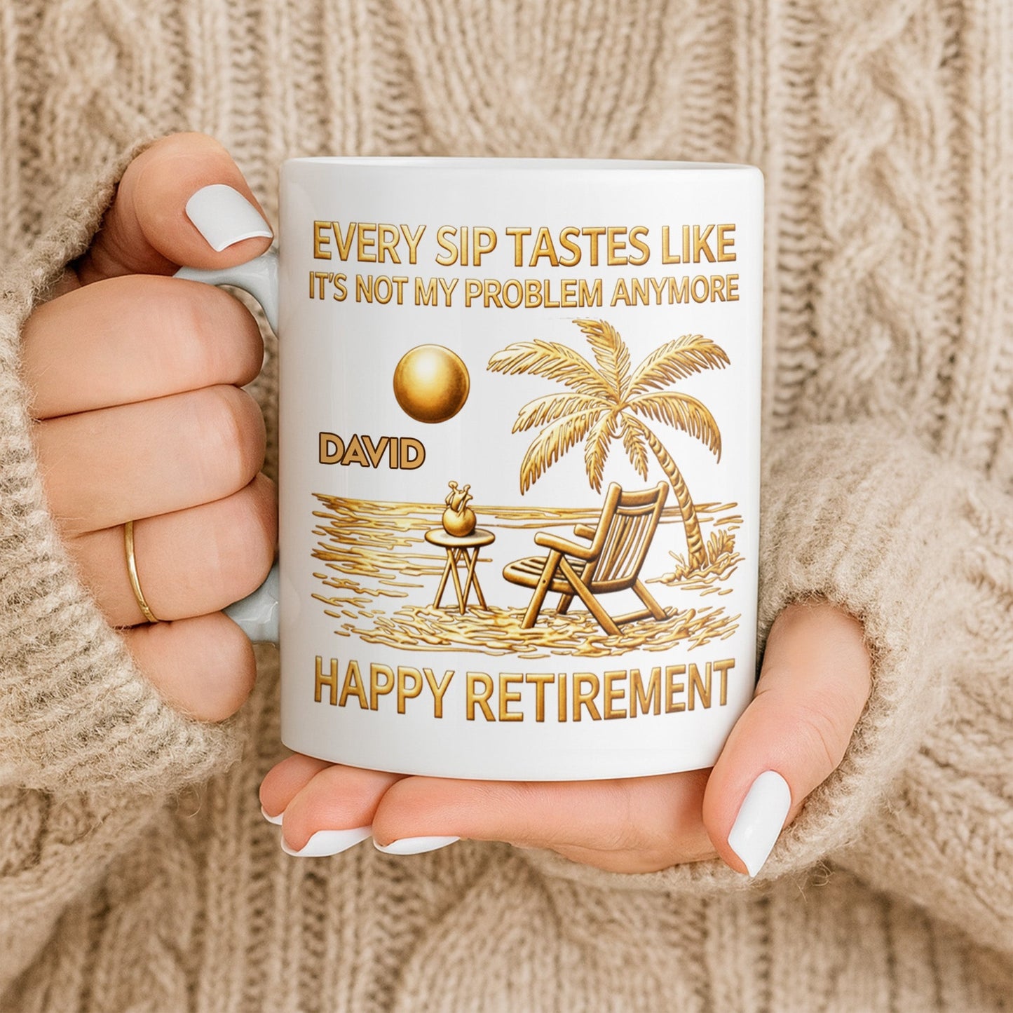 Every Sip Tastes Like Happy Retirement Palm Tree and Beach Design - Personalized Custom Coffee Mug - RETIRE014_MG