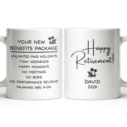 Happy Retirement Our New Benefits Package With Beach Chair And Palm Trees - Personalized Custom Coffee Mug - RETIRE031_MG