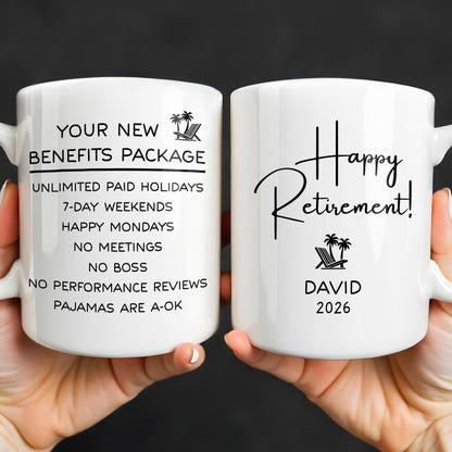 Happy Retirement Our New Benefits Package With Beach Chair And Palm Trees - Personalized Custom Coffee Mug - RETIRE031_MG