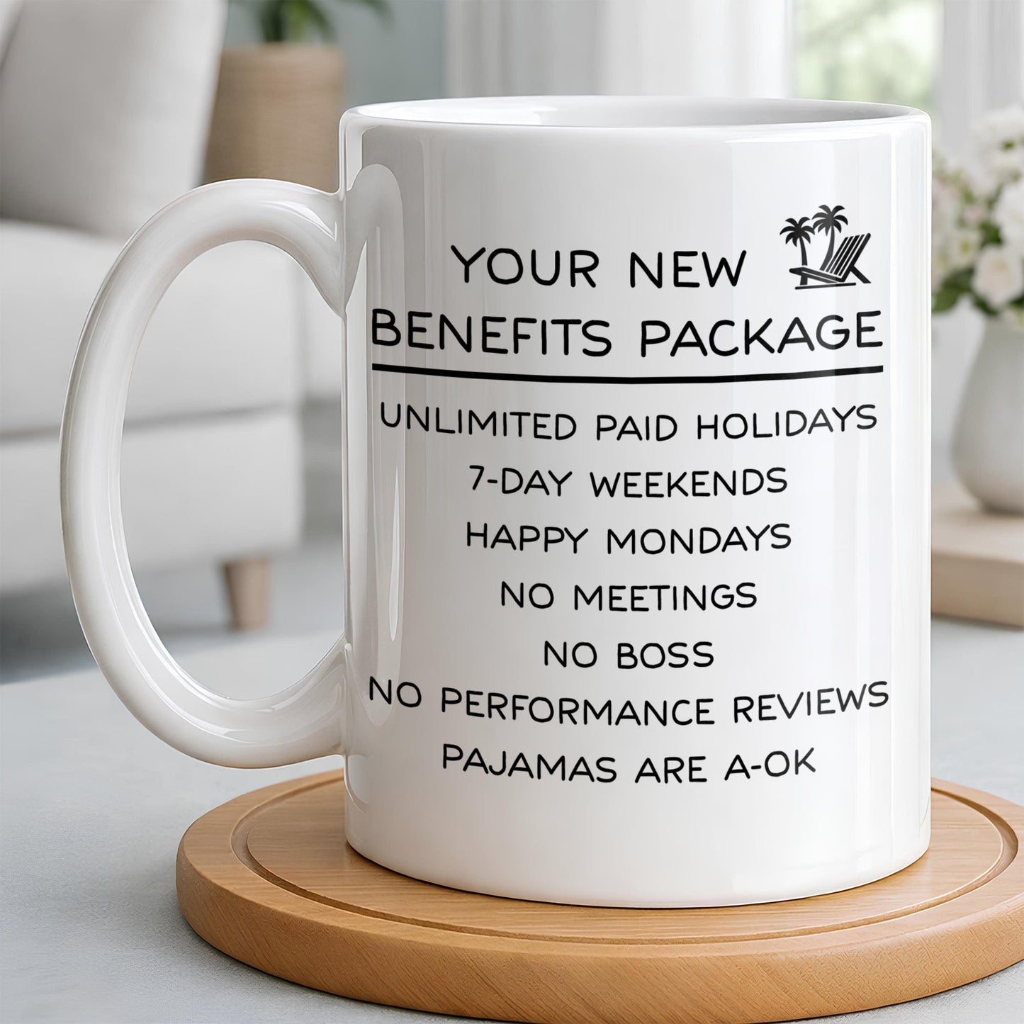 Happy Retirement Our New Benefits Package With Beach Chair And Palm Trees - Personalized Custom Coffee Mug - RETIRE031_MG