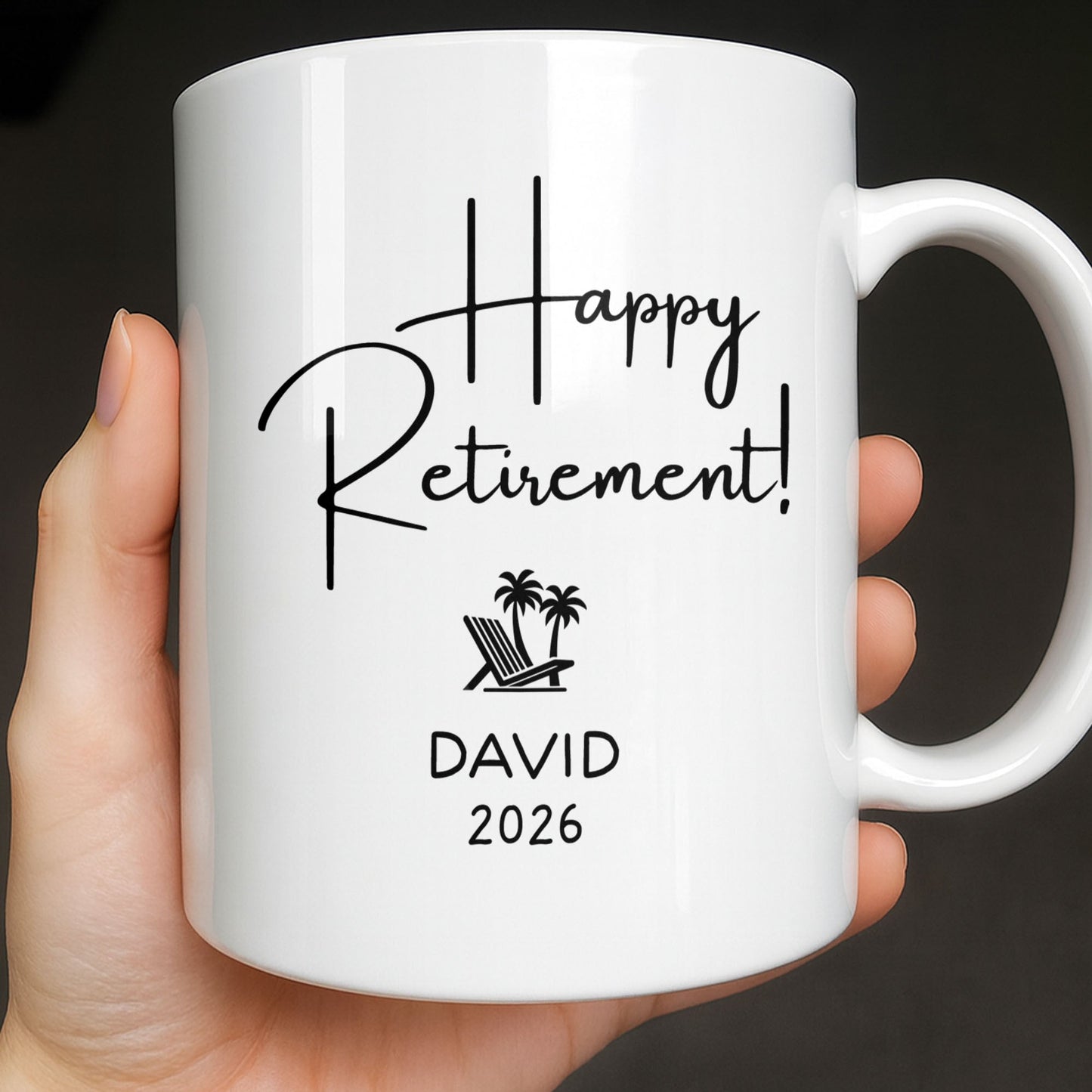 Happy Retirement Our New Benefits Package With Beach Chair And Palm Trees - Personalized Custom Coffee Mug - RETIRE031_MG