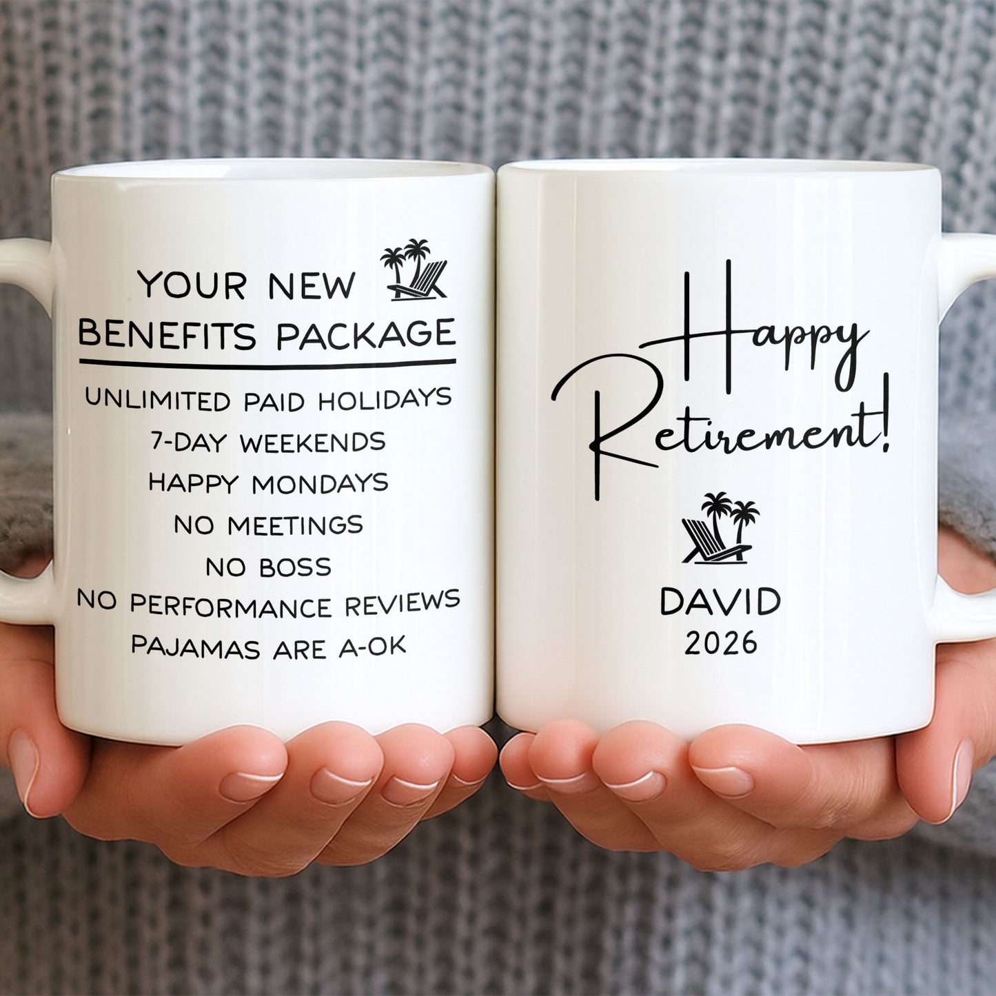 Happy Retirement Our New Benefits Package With Beach Chair And Palm Trees - Personalized Custom Coffee Mug - RETIRE031_MG