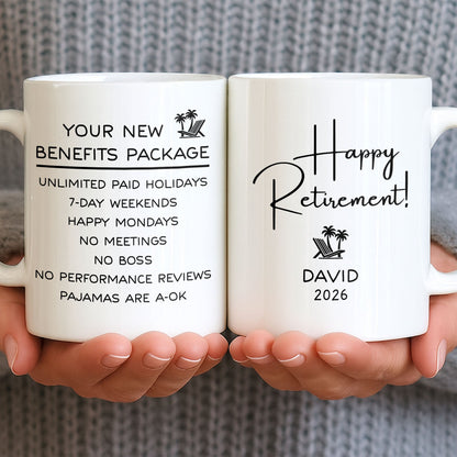 Happy Retirement Our New Benefits Package With Beach Chair And Palm Trees - Personalized Custom Coffee Mug - RETIRE031_MG